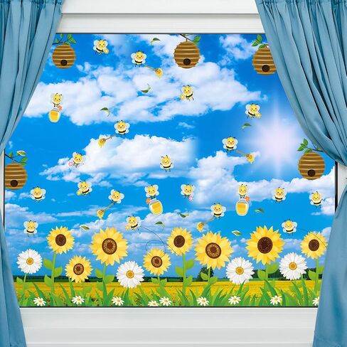 Outus 9 Sheet Spring Summer Window Clings Sunflower Bee Static Stickers Anti Collision Window Decals for Glass Windows Spring Summer Baby Shower Birthday Party Decoration in Saudi Arabia
