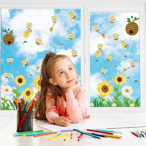 Outus 9 Sheet Spring Summer Window Clings Sunflower Bee Static Stickers Anti Collision Window Decals for Glass Windows Spring Summer Baby Shower Birthday Party Decoration in Saudi Arabia