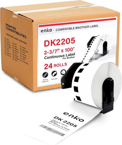 enKo - ملصقات ورقية مستمرة DK-2205 متوافقة (2.4 بوصة × 100 قدم) متوافقة مع طابعات ملصقات Brother QL - 12 لفة + 4 إطارات خرطوشة قابلة لإعادة الملء in Kuwait