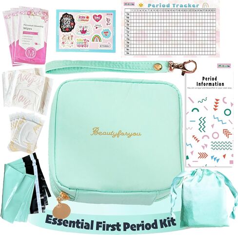 Essential Period Kit for Girls | First Period kit for Girls 10-12 | Period Bags for Teen Girls for School | First Period Gift with Sanitary Pad Storage Bag, Wipes, Period Tracker and More(Mint) in Kuwait