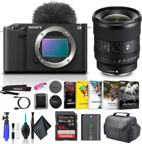 كاميرا Sony Alpha ZV-E1 كاملة الإطار بعدسة بدون مرآة باللون الأسود ILCZVE1/B، عدسة Sony FE مقاس 20 مم G، بطاقة 64 جيجابايت، برنامج Corel Photo، قارئ بطاقات، حافظة، حامل ثلاثي مرن، مجموعة تنظيف in Saudi Arabia