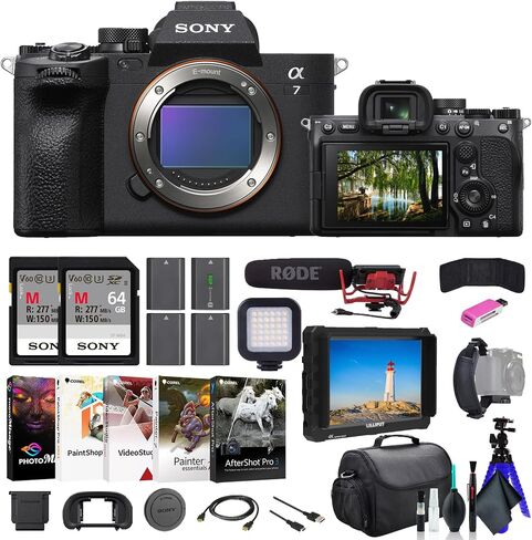 Sony a7 IV Mirrorless Camera ILCE-7M4/B, 4K Monitor, Rode VideoMic, 2 x 64GB Memory Card, Bag, 3 x NP-FZ100 Compatible Battery, Card Reader, LED Light, Corel Photo Software, and More in Saudi Arabia