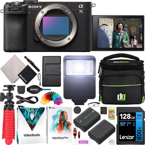Sony a7C II Full Frame Mirrorless Interchangeable Lens Camera Body Black ILCE-7CM2/B Bundle with Deco Gear Compact Camera Bag + Extra Battery + Flash + 128GB Card + Dual Charger & Accessories Kit in Saudi Arabia