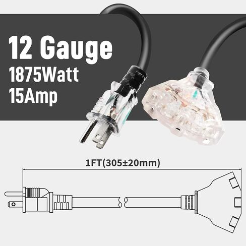 FIRMERST 1FT 3 Outlets Lighted Outdoor Extension Cord 1875W 12AWG Black in Saudi Arabia