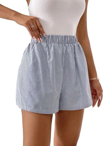 COZYEASE Women's Striped Print Elastic Waist Shorts Casual Wide Leg Mini Shorts with Pockets in Saudi Arabia