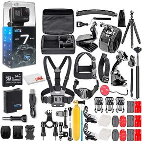 كاميرا GoPro HERO7 Black - مقاومة للماء مع شاشة تعمل باللمس، فيديو بدقة 4K HD، صور بدقة 12 ميجابكسل، بث مباشر واستقرار - مع بطاقة Micro Sd سعة 64 جيجابايت ومجموعة ملحقات محملة مكونة من 50 قطعة (متجددة) in Kuwait