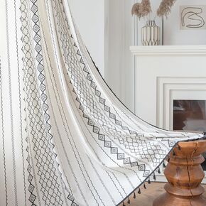 ستائر بوهو باللونين الأبيض والأسود لغرفة النوم، ستائر غرفة المعيشة من الكتان بطول 84 بوصة، مجموعة من لوحتين، شرابات بنمط هندسي، ستائر معالجة النوافذ بتصفية الضوء in Kuwait