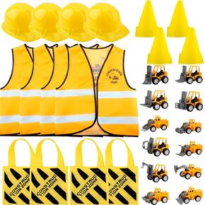 28 Pcs Kids Construction Worker Costume Set Include 4 Construction Vest 4 Worker Hat 4 Tote Bag 4 Traffic Cones 12 Construction Cars Vehicles for Dress Up