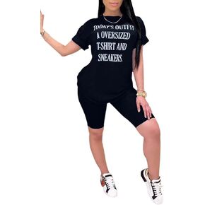 Womens 2 Piece Outfit Letter Print T Shirt Bodycon Shorts Set Tracksuit