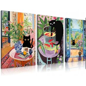 Wall Art, Fun Living Room and Restaurant Wall Art 3pcs Modern Henri Matisse Cat Print Wall Art Canvas Painting Art, For Living Room Decor 12 * 16 inches (framed)