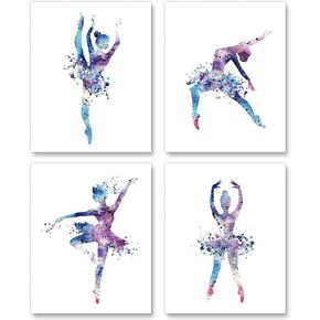 Watercolor Ballet Prints Ballerina Dancers Wall Art Woman Dancing Decor Girls Room Women Bedroom Decor Colorful Poster Classroom Decoration Elegant Gift for Girls (8x10 inch，Set of 4，Unframed)