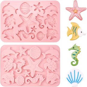 2 Packs Ocean Theme Silicone Mold Starfish Seashell Turtle Dolphin Seahorse Fondant Mold Jewelry Resin Casting Mould for Pastry Cake Decoration DIY Pendants Jewelry