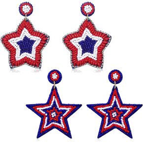 2 Pairs Fourth of July Earrings American Flag Patriotic Earrings for Women Beaded Star USA Tassel Drop Dangle Earrings 4th of July Independence Day Holiday Gifts