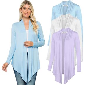 Free to Live 3 Pack Women's Long Sleeve Cardigans - Open Front Drape Lightweight Knit Sweater