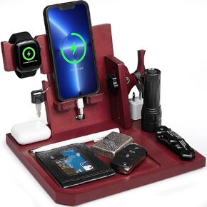 OneTigris Wood Phone Docking Station, Gifts for Men Nightstand Organizer Desk Organizer Beside Wallet Tray Watch Stand with Gun Rack, Anniversary Birthday Gifts for Dad Husband Boyfriend