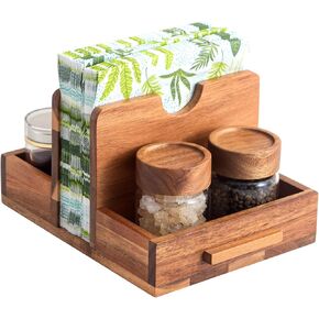 حامل مناديل، حامل مناديل مع علبة هزازة فلفل ملح مدمجة، موزع مناديل من خشب السنط لسطح طاولة الطعام، حامل ورق مستقيم - حافظ على مطبخك مرتبًا ومنظمًا in Kuwait