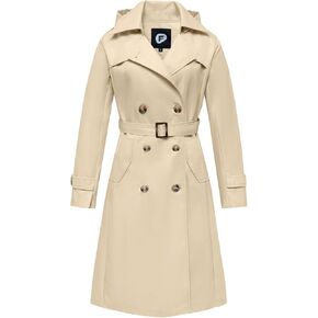 poonyfesh Women's Windproof Waterproof Long Trench Coat Classic Double Breasted Lapel Belt Coat With Removable Hood