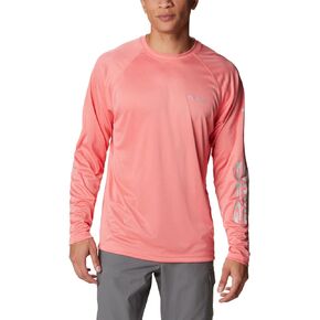 Columbia Men's Terminal Tackle Heather Long Sleeve Shirt, Salmon Heather/Cool Grey Logo, XX-Large