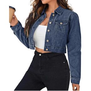 Grabsa Women's Button Down Long Sleeve Cropped Denim Jean Jacket with Pockets