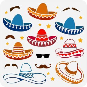 FINGERINSPIRE Sombrero Hat Painting Stencil 11.8x11.8inch قابلة لإعادة الاستخدام قبعة رسم تقليدية مكسيكية قالب رسم قبعة رعاة البقر الغربية قبعة شارب نظارات شمسية استنسل للرسم على أثاث نسيج الجدار الخشبي