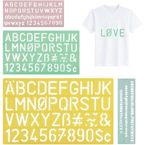 Alphabet Stencils Set of 4, Plastic Letter Stencils 4 Sizes Number Stencils Ruler Guide Lines for Learning, Painting, Scrapbooking DIY, 4 Colours