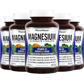 FarmHaven Magnesium Glycinate & Malate Complex w/ Vitamin D3, 100% Chelated for Max Absorption, Vegan – Bone Health, Nerves, Muscles, 600 Capsules, 300 Days