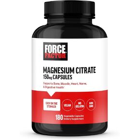 Force Factor Magnesium Citrate, Magnesium Supplement for Women and Men to Support Bone, Muscle, Nerve, Digestion, and Heart Health, Easy on The Stomach, Vegan, 6-Month Supply, 180 Capsules