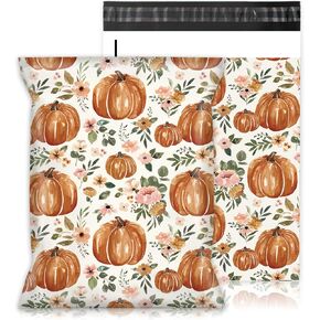 100Pcs Fall Poly Mailers 10 x 13 Inch Watercolor Floral Pumpkin Packagaing Bags Autumn Self Seal Mailing Envelope Bags for Harvest Thanksgiving Small Business Clothing