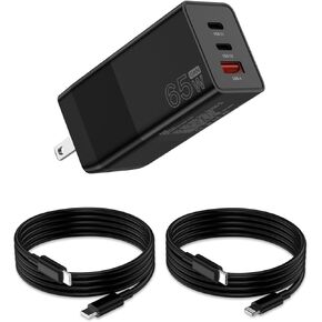 65W USB C Charger Block, GaN III 3-Port Wall Charger Foldable Laptop Power Adapter PD Fast Charging Station - with a 6ft C to C Cable and a 6ft USB C to Lightning Cable for Laptops,Tablets & Phones