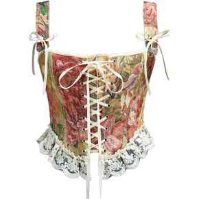 Women Vintage Floral Print Vest Sexy Bodycon Boat Neck Jacquard Camisole Flounce Irregular Suspender Corset