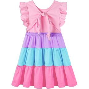 HILEELANG Toddler Girl Open Tie Back Dress Elegant Ruffle Short Flutter Sleeve Cotton Swing Twirly Sundress