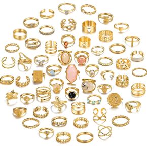 17KM 70 Pcs Gold Stacking Rings Set for Women Teen Girls, Silver Boho Stackable Midi Finger Knuckle Ring Pack, Trendy Aesthetic Ring of Packs for Gift