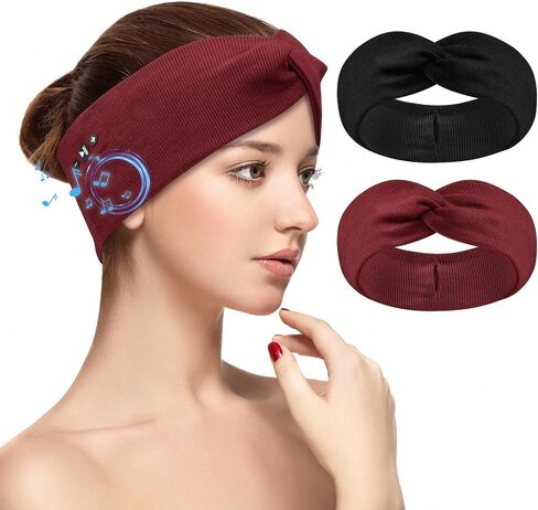 2-Pack Headband Headphones with Thin HD Speakers, Bluetooth Headband for Women, Stylish Knotted Headband, Cozy Band Headphones for Workout, Running, Yoga, Travel, Meditation - Red&Black in Saudi Arabia