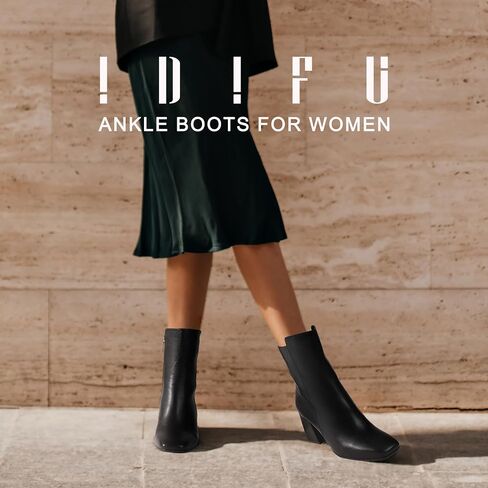 IDIFU Women's Fashion Square Toe Ankle Boots Half Size Up | Low Block Heel Side Zipper Short Gogo Booties Shoes in Kuwait