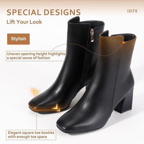IDIFU Women's Fashion Square Toe Ankle Boots Half Size Up | Low Block Heel Side Zipper Short Gogo Booties Shoes in Kuwait