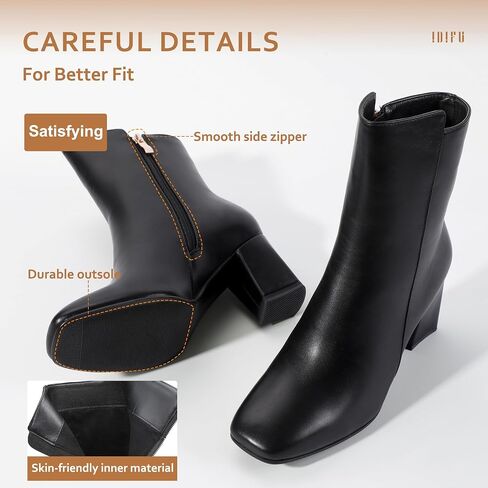 IDIFU Women's Fashion Square Toe Ankle Boots Half Size Up | Low Block Heel Side Zipper Short Gogo Booties Shoes in Kuwait