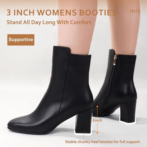 IDIFU Women's Fashion Square Toe Ankle Boots Half Size Up | Low Block Heel Side Zipper Short Gogo Booties Shoes in Kuwait