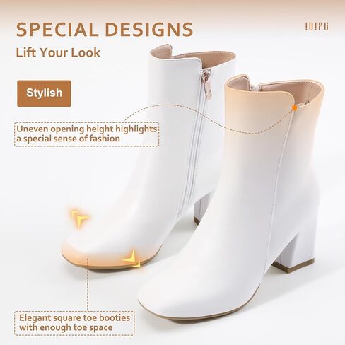 IDIFU Women's Fashion Square Toe Ankle Boots Half Size Up | Low Block Heel Side Zipper Short Gogo Booties Shoes in Saudi Arabia