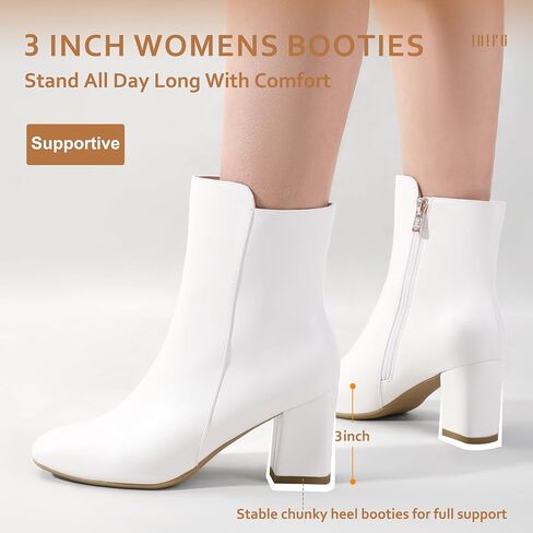IDIFU Women's Fashion Square Toe Ankle Boots Half Size Up | Low Block Heel Side Zipper Short Gogo Booties Shoes in Saudi Arabia