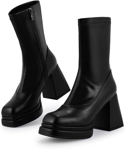 حذاء ويت كيس للنساء، ذو نعل سميك وكعب مكتنز ومقدمة مربعة وتصميم بسحاب جانبي in Kuwait