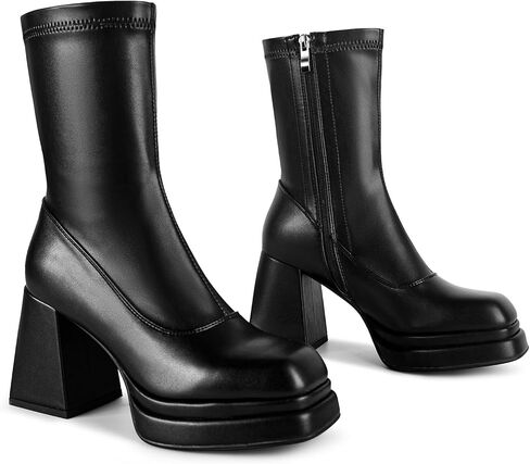 حذاء ويت كيس للنساء، ذو نعل سميك وكعب مكتنز ومقدمة مربعة وتصميم بسحاب جانبي in Kuwait