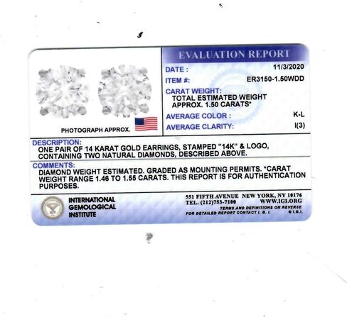 1 1/2 Cttw 14K أبيض مستدير قطع أقراط مرصعة بالألماس معتمدة من IGI in Kuwait