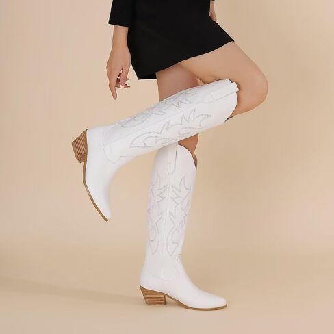 CIERWS Women's Embroidered Western Cowboy Boots Cowgirl Boots Knee High Medium Heel Chunky Heel Classic Retro Boots in Saudi Arabia