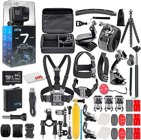 كاميرا GoPro HERO7 Black - مقاومة للماء مع شاشة تعمل باللمس، فيديو بدقة 4K HD، صور بدقة 12 ميجابكسل، بث مباشر واستقرار - مع بطاقة Micro Sd سعة 64 جيجابايت ومجموعة ملحقات محملة مكونة من 50 قطعة (متجددة) in Kuwait