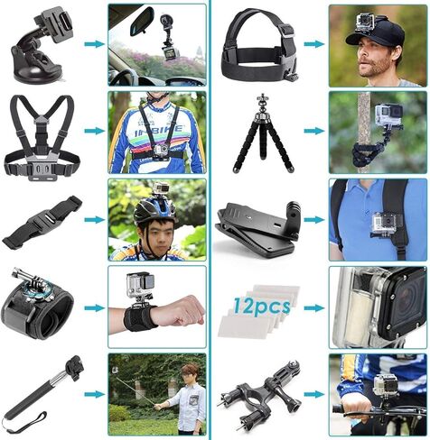 كاميرا GoPro HERO7 Black - مقاومة للماء مع شاشة تعمل باللمس، فيديو بدقة 4K HD، صور بدقة 12 ميجابكسل، بث مباشر واستقرار - مع بطاقة Micro Sd سعة 64 جيجابايت ومجموعة ملحقات محملة مكونة من 50 قطعة (متجددة) in Kuwait
