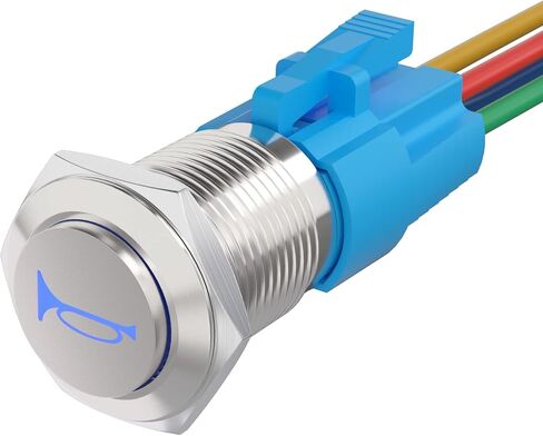 STARELO 16 مم مكبر صوت زر ضغط مؤقت 12 فولت 5/8 بوصة فتحة تركيب 1NO 1NC SPDT مع مقبس توصيل مسبق من الفولاذ المقاوم للصدأ لمحرك السيارات (LED أزرق/غلاف فضي). in Kuwait