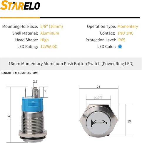 STARELO 16 مم مكبر صوت زر ضغط مؤقت 12 فولت 5/8 بوصة فتحة تركيب 1NO 1NC SPDT مع مقبس توصيل مسبق من الفولاذ المقاوم للصدأ لمحرك السيارات (LED أزرق/غلاف فضي). in Kuwait