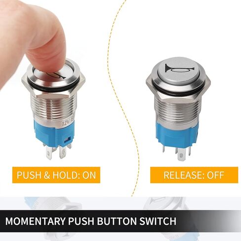 STARELO 16 مم مكبر صوت زر ضغط مؤقت 12 فولت 5/8 بوصة فتحة تركيب 1NO 1NC SPDT مع مقبس توصيل مسبق من الفولاذ المقاوم للصدأ لمحرك السيارات (LED أزرق/غلاف فضي). in Kuwait