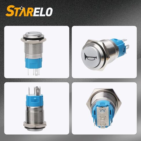 STARELO 16 مم مكبر صوت زر ضغط مؤقت 12 فولت 5/8 بوصة فتحة تركيب 1NO 1NC SPDT مع مقبس توصيل مسبق من الفولاذ المقاوم للصدأ لمحرك السيارات (LED أزرق/غلاف فضي). in Kuwait