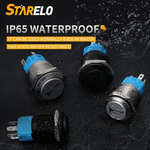 STARELO 16 مم مكبر صوت زر ضغط مؤقت 12 فولت 5/8 بوصة فتحة تركيب 1NO 1NC SPDT مع مقبس توصيل مسبق من الفولاذ المقاوم للصدأ لمحرك السيارات (LED أزرق/غلاف فضي). in Kuwait